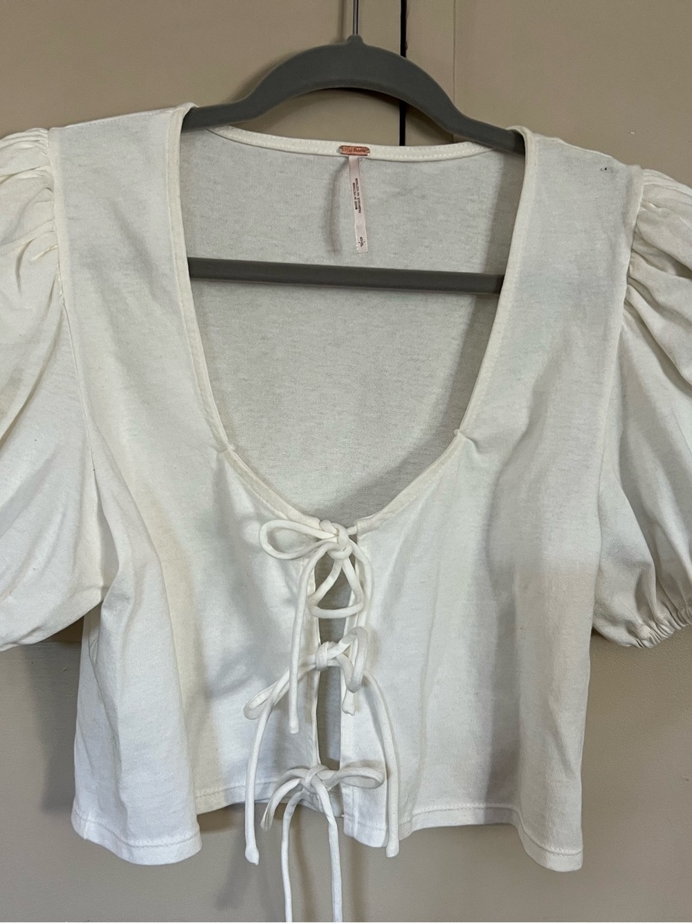 Free People Ivory Lace-Up Puff Sleeve Crop Top